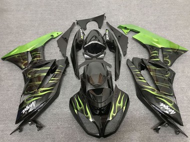Carénages Moto Kawasaki ZX6R 2009-2012 - Noir Brillant Vert Flamme