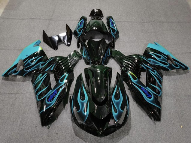 Carénages Moto Kawasaki ZX14R 2006-2011 - Noir Brillant Bleu Clair Flamme
