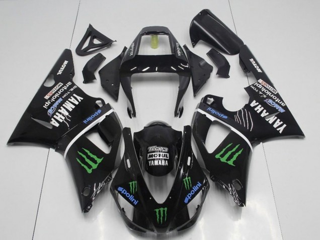 Carénages Moto Yamaha YZF R1 1998-1999 - Noir Brillant Bleu Vert Motul Monstre Drink