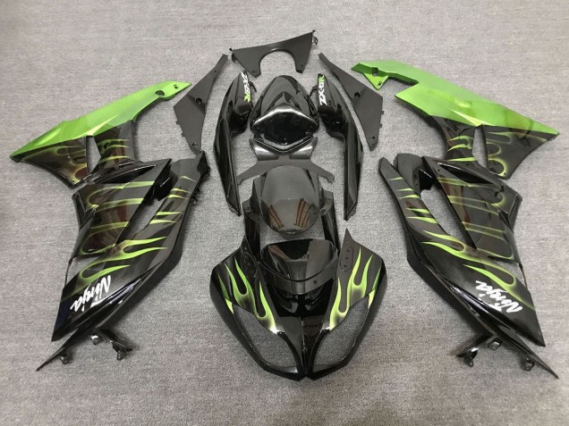 Carénages Moto Kawasaki ZX6R 2007-2008 - Noir Vert Clair Flamme