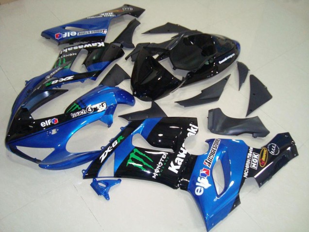 Carénages Moto Kawasaki ZX6R 2005-2006 - Bleu Noir Brillant Vert Monstre