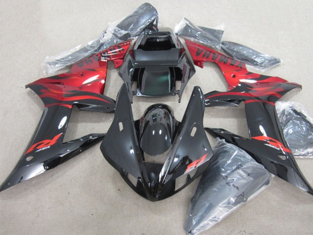Carénages Moto Yamaha YZF R1 2002-2003 - Noir Brillant Rouge Flamme