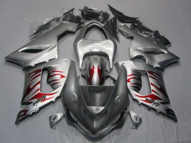 Carénages Moto Kawasaki ZX6R 2005-2006 - Argent Rouge Flamme Ninja